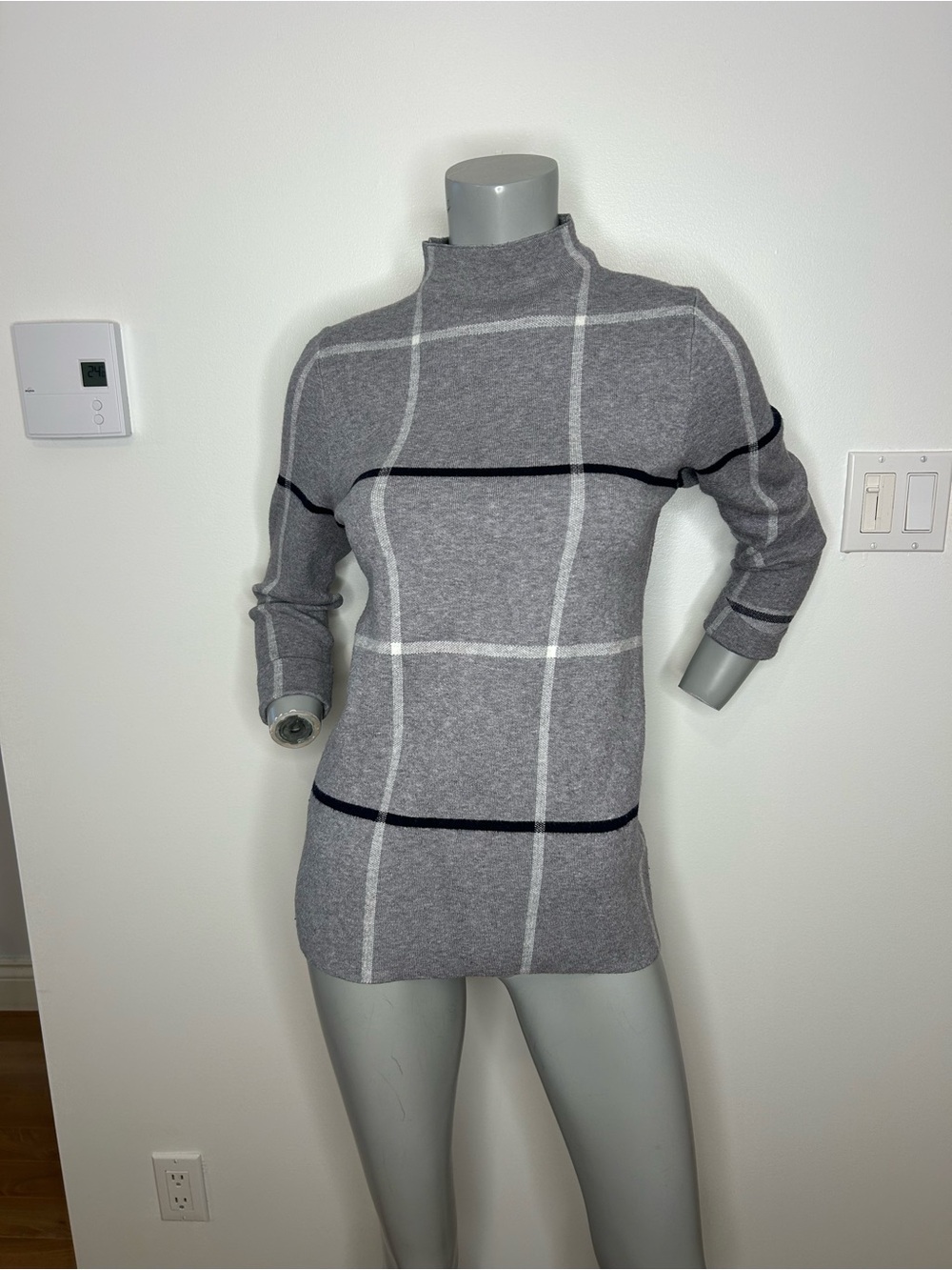 Elie Tahari Gray Mock Neck Windowpane Sweater with Black Stripes